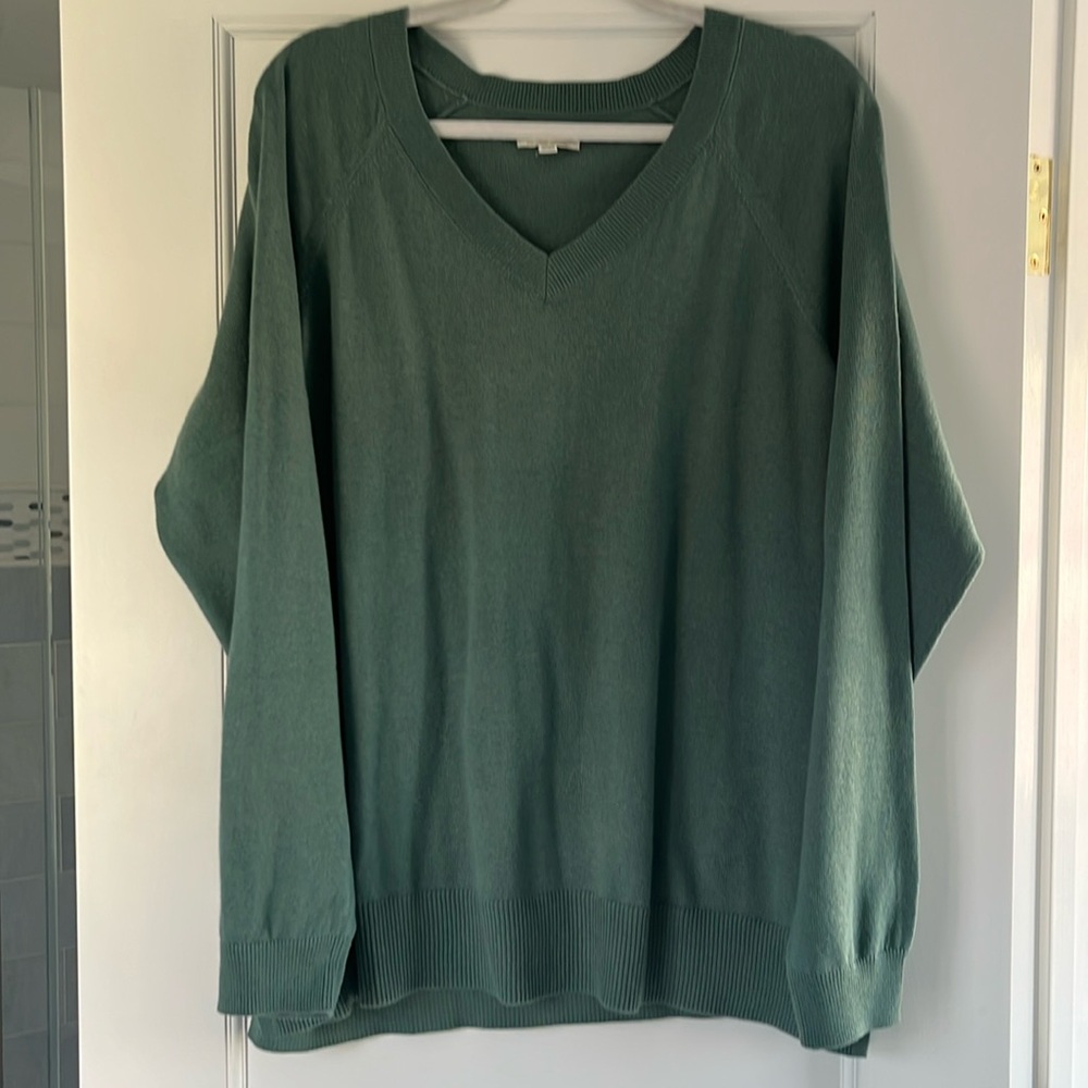 V-neck sweater, green with ribbed details
